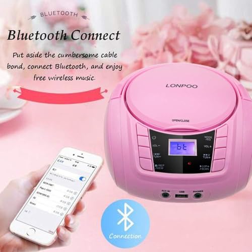Image of LONPOO CD Player Portable Boombox with FM Radio /USB /Bluetooth /AUX Input and Earphone Jack Output, Stereo Sound Speaker & Audio Player,Pink