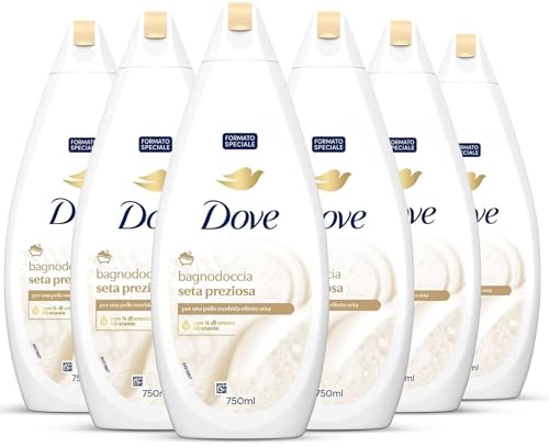 Dove Docciaschiuma Seta Preziosa, Formula con Idratante Dermo-Naturale, con 1/4 di Crema Idratante, Dermatologicamente Testato, Bagnoschiuma Uomo e Donna, 100% Bottiglia Riciclata* 6 Pezzi x 750 ml