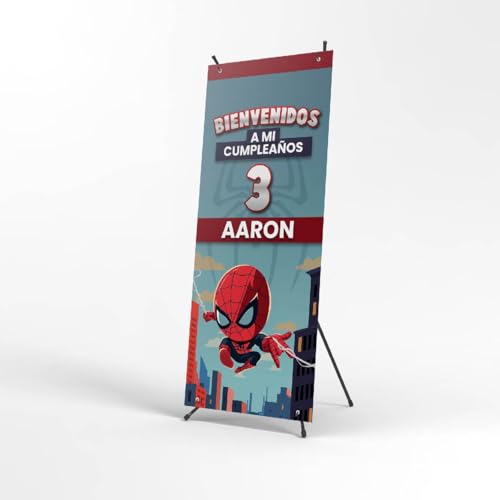 Cartel Cumpleaños Personalizado Spider - Photocall Cumpleaños 70x180 cm - Contiene Estructura y Pancarta Personalizada, Nombre y Edad - Decoracion Fiesta - Birthday Decoration