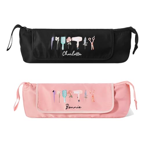callie Custom Hair Tools Travel Bag, Personalized Portable Hair Accessories Organizer Case Storage Pouch with Heat Resistant Mat, Gifts for Hair Stylists, Black/Pink