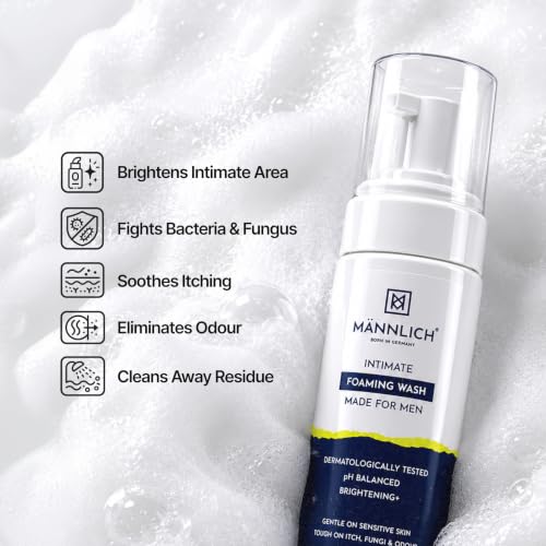 Image of Mannlich Intimate Wash 150 ml (Pack of 4) Relieves Itchiness & Odour, Prevents Fungal Growth, Genital Area, pH Balanced & Dermatologically Tested With Tea Tree Oil, Neem, Eucalyptus Oil, 1% Salicylic & Lactic Acid