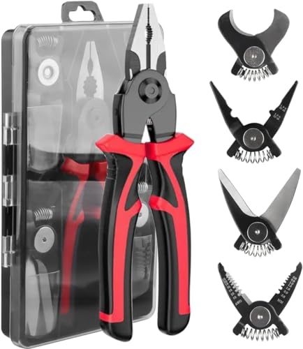 Image of 5-in-1 All Purpose Plier Tool Kit with 5 Interchangeable Heads & Storage Box | 8-Inch Multifunction Wire Stripper, Cable Cutter, Crimping Tool & Scissor Pliers for Electricians, Repair