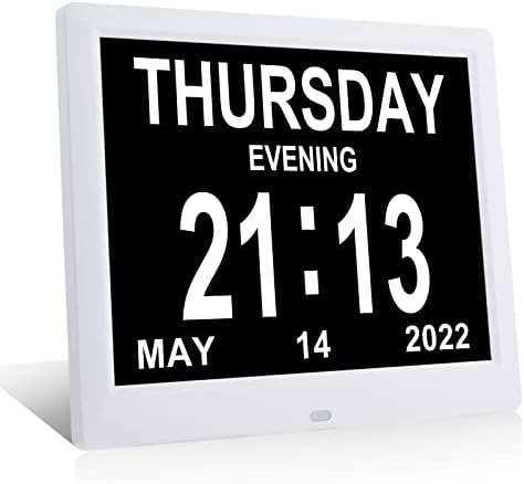 SZSLG Digital Calendar Dementia Clock 9 Inch Date Time Day of The Week Clock with 8 Alarm Options Auto Dimming 1-10 Levels for Seniors Elderly Vision Impaired, White