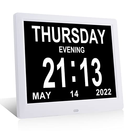 Szslg Digital Calendar Dementia Clock 9 Inch Date Time Day Of The Week Clock With 8 Alarm Options Auto Dimming 1-10 Levels For Seniors Elderly Vision Impaired, White #TOP2
