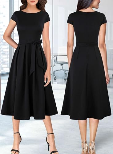 VFSHOW Womens Elegant Patchwork Pockets Belted Pleated Work Office Business Casual Party A-Line Midi Dress2