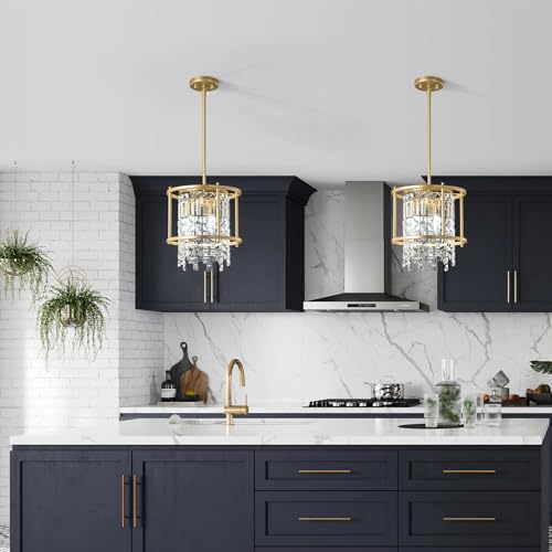Image of LMQNINE Modern Foyer Chandelier, Gold Crystal Chandelier Entryway Pendant Light Fixture, Round Adjustable Height Chandeliers for Kitchen Island, L11.81'' x H7.87''