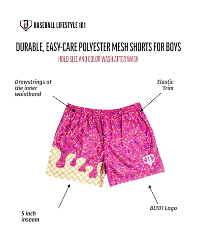 Baseball Lifestyle 101 Ice Cream Youth Mesh Shorts – Strawberry, 5 in Inseam, Side Pockets, Elastic Waist – Size YM