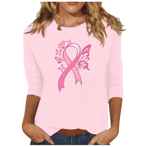 Breast Cancer Tshirt for Women Loose Pink Ribbon Print Awareness Support Tops 3/4 Length Sleeve Inspirational Blouse Pink Breast Cancer Tee Shirts Women XL