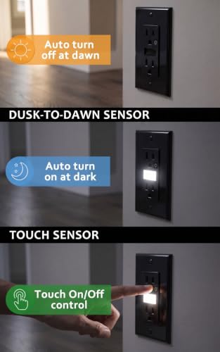 Image of SOZULAMP 4-Pack Night Light Wall Outlet, Touch & Dusk-to-Dawn Sensors | Glossy Black 15A 125V Tamper-Resistant Receptacle; Guide Light for Kids and Seniors;Ideal for Hallway,Nurserie,Stair,Bathroom