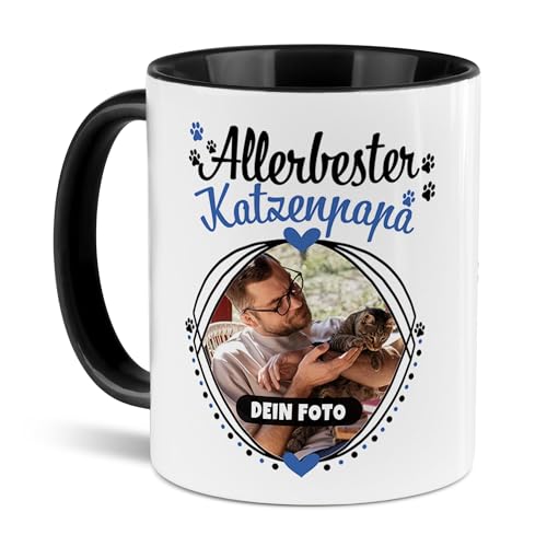 Tassendruck Katzen-Tasse mit Foto Allerbester Katzenpapa - Persönliches Geschenk für Katzenliebhaber zum Geburtstag | Personalisiertes Geschenk, 300 ml, Innen & Henkel Schwarz