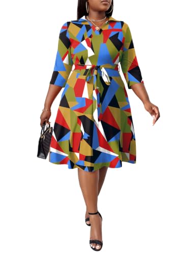 Image of FANDEE Plus Size Midi Dress for Women - Printing Summer Dresses for Wedding Guest Cocktail Party 3 /4 Sleeve V Neck(L-5XL)