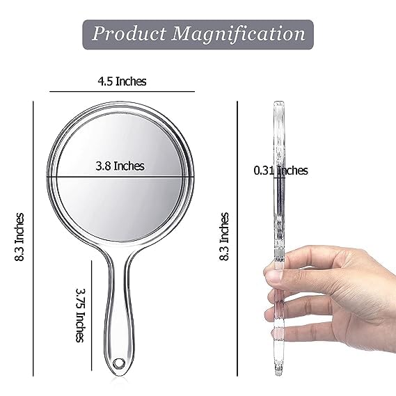 Image of Glass 2 Way(Magnifying & Regular) Handle Mirror for Make Up and Grooming,5 inch Dia Display, Round, Hand Mirror, Transparent