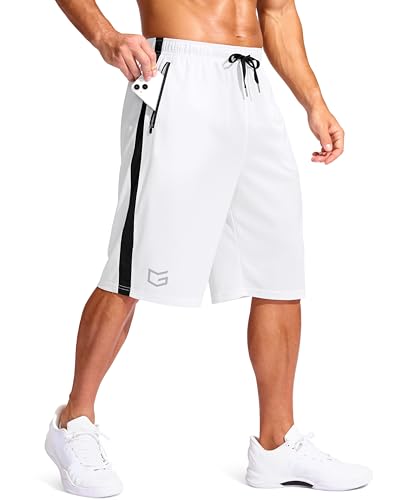 G Gradual Mens 11 Long Basketball Shorts with Zipper Pockets Drawstring Mesh Lightweight Gym Athletic Shorts for Men(White L)