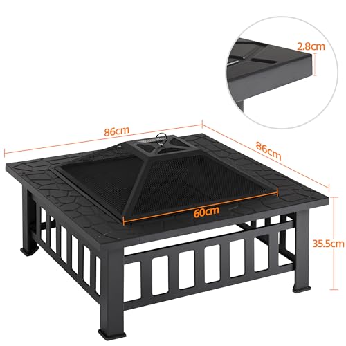 Yaheetech Feuerschale mit Funkenschutz 86x86x54cm, 3 in 1 Multifunktional Feuerkorb mit Deckel & Schürhaken Fire Pit Feuerstelle Outdoor für den Garten/Terrasse/Camping/Party, Schwarz – Bild 3