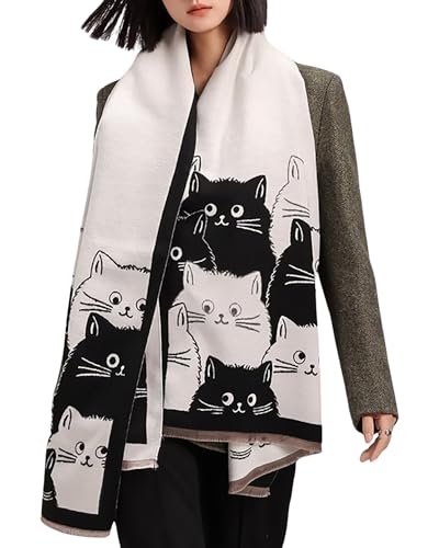 BAIMORE Women's Cute Warm Shawl Reversible Pashmina Cartoon Cat Print Cashmere Feel Large Scarf