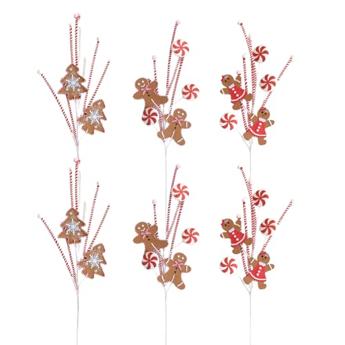 TEMPUS 6 Pcs Red White Christmas Candy Cane Picks – 28 Inch Curly Sprays with Cotton Peppermint, Felt Gingerbread Men & Foam Lollipops for Tree Decor, Vase Filler, Wreath Garland DIY Holiday Decor