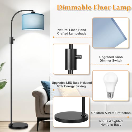 Image of Nintiue Dimmable Black Floor Lamp, 1200 Lumens LED Edison Bulb Included, Arc Gold Floor Lamps for Living Room Modern Standing Lamp with Sky Blue Shade