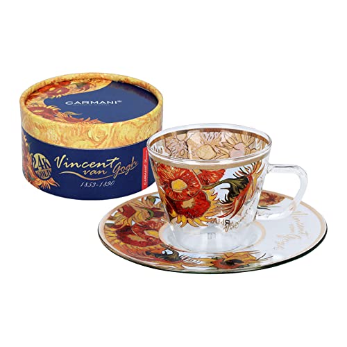 Taza de café expreso pintado en vidrio único con girasoles de vincent van gogh