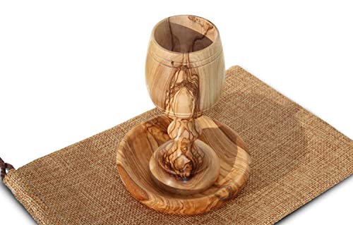 Communion Cups, Goblet, Chalice - The Lord's Supper - Wooden Bread Tray With Handmade Olive Wood Kiddush Cup Also For Eucharist Of The Holy Communion In Christian Congregations In Gift Bag. #TOP3