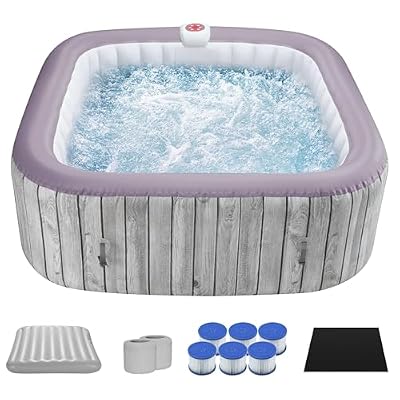HUGROVE 73 inch Square Inflatable Hot Tub, 4-6 Person Portable Outdoor Spa with 130 Bubble Jets&Insulated Cover, Digital Control Panel, 6 Filters, 110-120V Input, Up to 104°F (Wooden Gray)