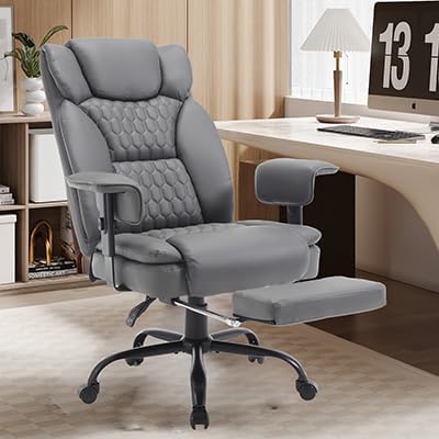 Grey Office Chair, Executive High Back Office Chair with Footrest 400 Lb Big and Tall Office Chair Ergonomic Home Office Desk Chairs Reclining Leather Chair with Lumbar Support, Gray