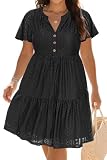 Talisea Plus Size Black Dress Eyelet Summer Casual Beach Short Sleeve V Neck Ruffle Tiered Button Up Boho Sundress Women