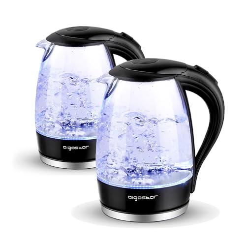 Aigostar Adam - Hervidor de Agua Eléctrico de Cristal, Hervidores Eléctrico con Iluminación Led, 1,7 L, 2200W, Libre de BPA y Sistema de Protección Contra la Ebullición en Seco, Base 360º, 2 Pack
