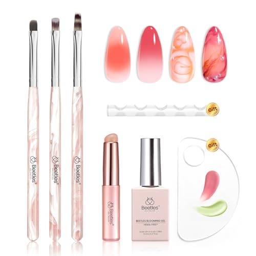 Image of Beetles Blooming Gel and Nail Art Brushes Set - Ombre Nail Brush Gradient Stipple Clean Up Fingernail Art Pens and Silicone Dotting Tool for Gel Polish Marble Blush Chrome DIY Manicure Designs