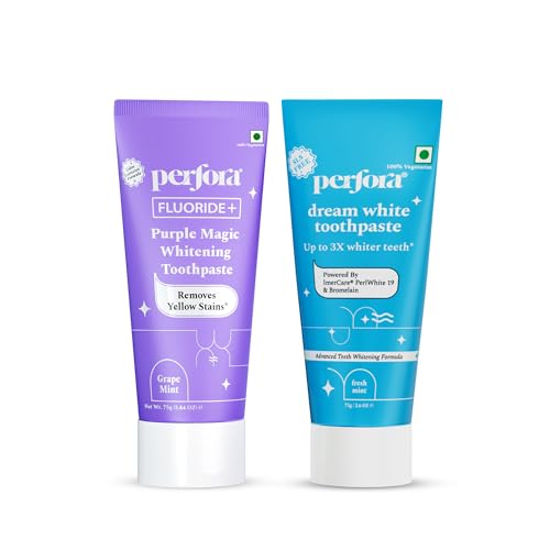 Image of Perfora Teeth Whitening Combo - Whitens Teeth in 1 Use | Enamel-Safe & Sensitivity-Free Oral Care Formula For Tooth Stain Removal | Purple Toothpaste-75gm & Dream White Toothpaste-75gm