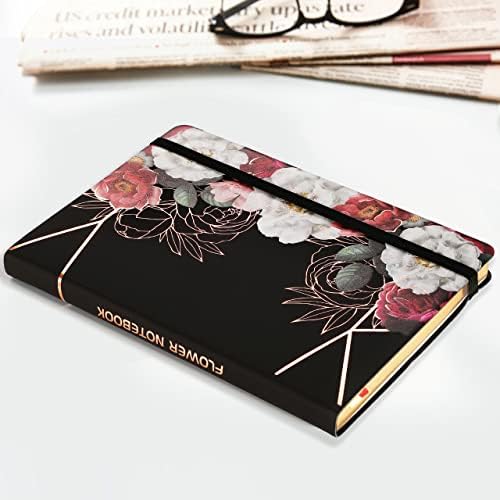 SuperBowell Floral Journal Notebook,Writing Journal For Women and Girls, Leather Bound Journal,Rose Gold Edges,100gsm Paper,lined journal,5.6X8.1,192 Pages(Black)