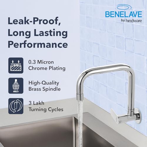Image of Benelave by Hindware Sink Tap with Raised J-Spout for Kitchen | Made of Brass | Mirror-Like Chrome Polish Finish | Better Reach | Wall Mount Installation | Volga Range | 7-Year Manufacturer Warranty