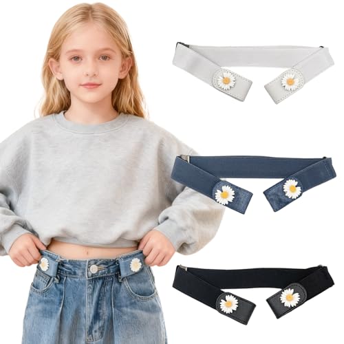 Children's Belts, Elastic No Buckle Belt for Kids Girls Boys, Adjustable Belt with Daisy Buttons for Pants Jeans, Toddler Casual Wear - 3 Pieces