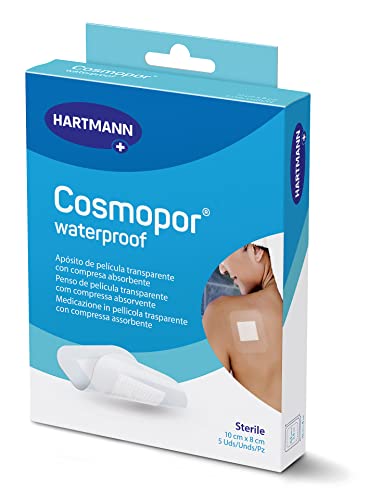 Cosmopor Waterproof: para el cuidado estéril e impermeable de lesiones y heridas. También para heridas quirúrgicas. Alta tolerancia cutánea y fijación segura; 10x8cm; 5 unidades