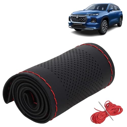 Image of KINGSWAY PU Leatherite Car Steering Cover Sewable Compatible with Maruti Suzuki Grand Vitara (Year 2022 Onwards), Black Color with Red Thread, Pack of 1 with Sewing Needle and Thread