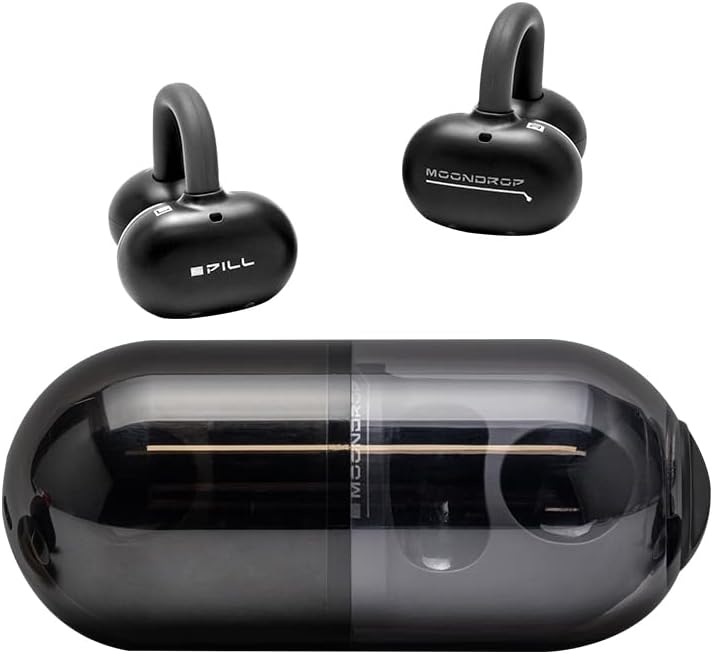 Pill Open Ear Headphones Bluetooth 6.0 OWS Hanging Earphones IPX4 Open Ear Clip Wireless Earbuds Built-in AI ENC MD-0WS-003 (Black)