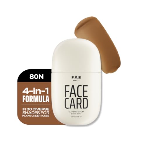Image of FAE Beauty Face Card 4-in-1 Super Serum Skin Tint | Hydrates, Primes, Provides Coverage & Protects with SPF | Lightweight, Dewy Finish | 30 Shades for Indian Skin Tones | Shade - 80N - Neutral Warm