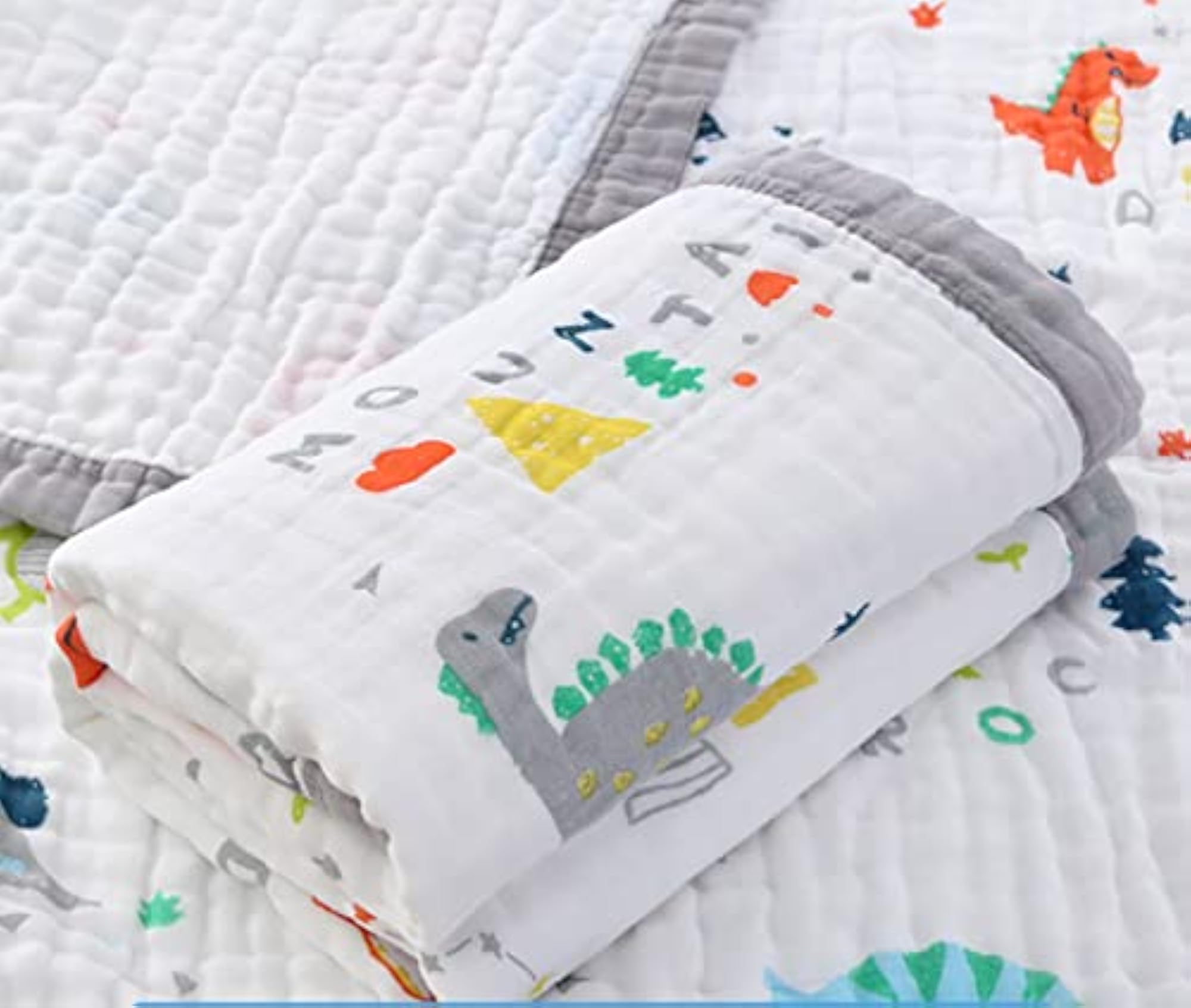 6 Layer Cotton Muslin Baby Blanket, Grey Dinosaur Print