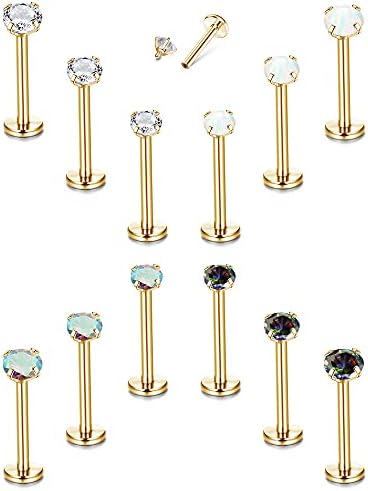 TEN MIRO 12PCS 16G Lip Rings Helix Tragus Earrings Stainless Steel Internally Threaded Labret Studs Cartilage 2/3/4MM Clear CZ/Opal Earrings Monroe Medusa Piercing Jewelry(Gold-8MM)