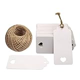 White Gift Tags, 100 PCS Kraft Paper Gift Tags Hollow Heart Wedding Favor Tags 9.5cm x 4.5cm with 100 Feet Jute Twine
