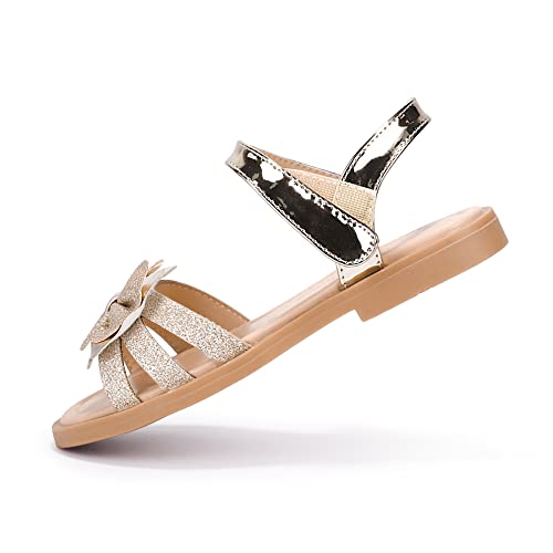 Pandaninjia Girls Sandals Toddler/Little Kid/Big Kid Open Toe Cute Bow Flats Dress Sandals Summer Shoes (Gold Glitter, 13 M Us Little Kid) #TOP2