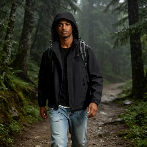Image of Color Block Waterproof Hooded For Men Rain Shell Jacket Windproof Coat With Adjustable Drawcord Hood & Velcro Cuffs Packable Zip Up Hiking Camping And Fishing Outdoor Activities Black Xs