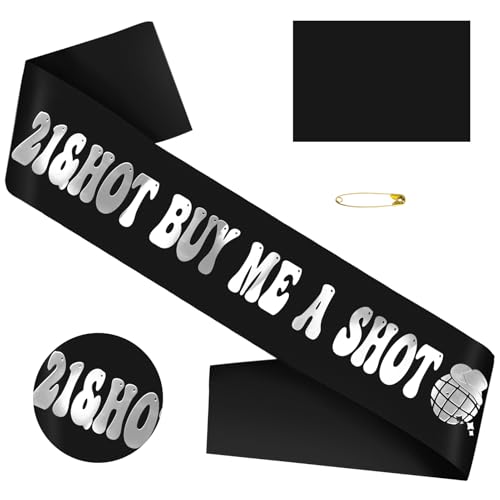 JXYCBZYing 21st Birthday Sash for Women, Black '21&Hot BUY ME A SHOT', Finally 21 Birthday Party Accessory, Satin Sash with Silver Foil