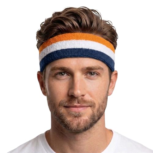 COUVER 3 Color Striped Sports Headband, Light Orange White Navy, 1 PC