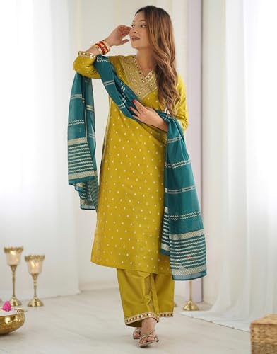 Image of SKYLEE Silk Blend Jaquard Sequins Embroidery and Lace Straight Kurta Set with Dupatta