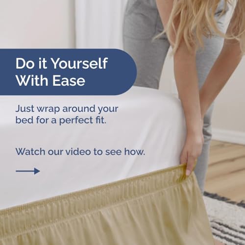Image of Bed Skirt - Wrap Around Dust Ruffle Bed Frame Cover with Easy Fit Elastic Strap, Single Size 12 Drop, Microfiber Pleated, Machine Washable | Beige, (48inchx72inch)