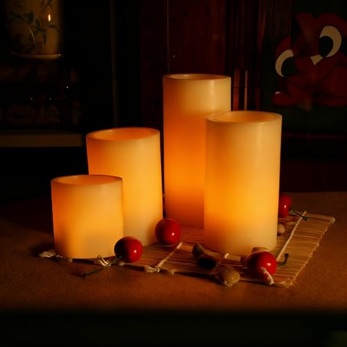 Image of CANDLE CHOICE Battery Operated Flameless Candles with Timer Real Wax Realistic Flickering Electric LED Pillars Decorative Lights for Home Wedding Halloween Thanksgiving Christmas Decorations 4 Pack