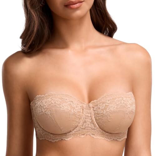 Image of DOBREVA Unlined Lace Strapless Bra Sexy See Through Plus Size Convertible Underwire Bras