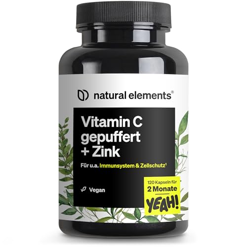 natural elements Vitamin C - 120 Kapseln - Hochdosiert mit 1000mg + 15mg Zink - Pflanzlich fermentiert & gepuffert (pH-neutral, säurefrei, magenschonend) - vegan, laborgeprüfte Qualität