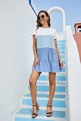 Image of Imysty Womens Boho Floral Ruffle Sleeve Babydoll Loose Flowy Casual Summer Pleated Mini Dress