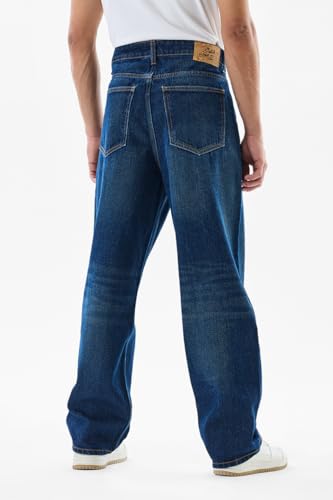 Image of SNITCH Men Jeans Casual Wear | Loose Fit, Turned-Up Cuffs, Classic Blue Wash | 100% Cotton, Mid Rise, Relaxed Thigh, Wide-Leg, Five Pockets, Machine Wash
